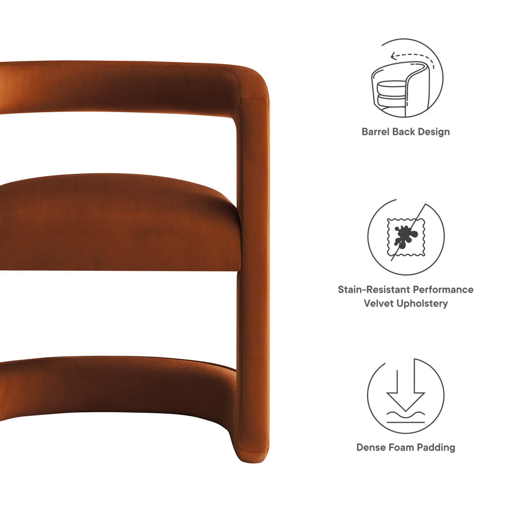 Modway Winslow Stain-Resistant Performance Velvet Dining Chair in Rust - Open Back Barrel Armchair - Upholstered Dining Chair - Cozy