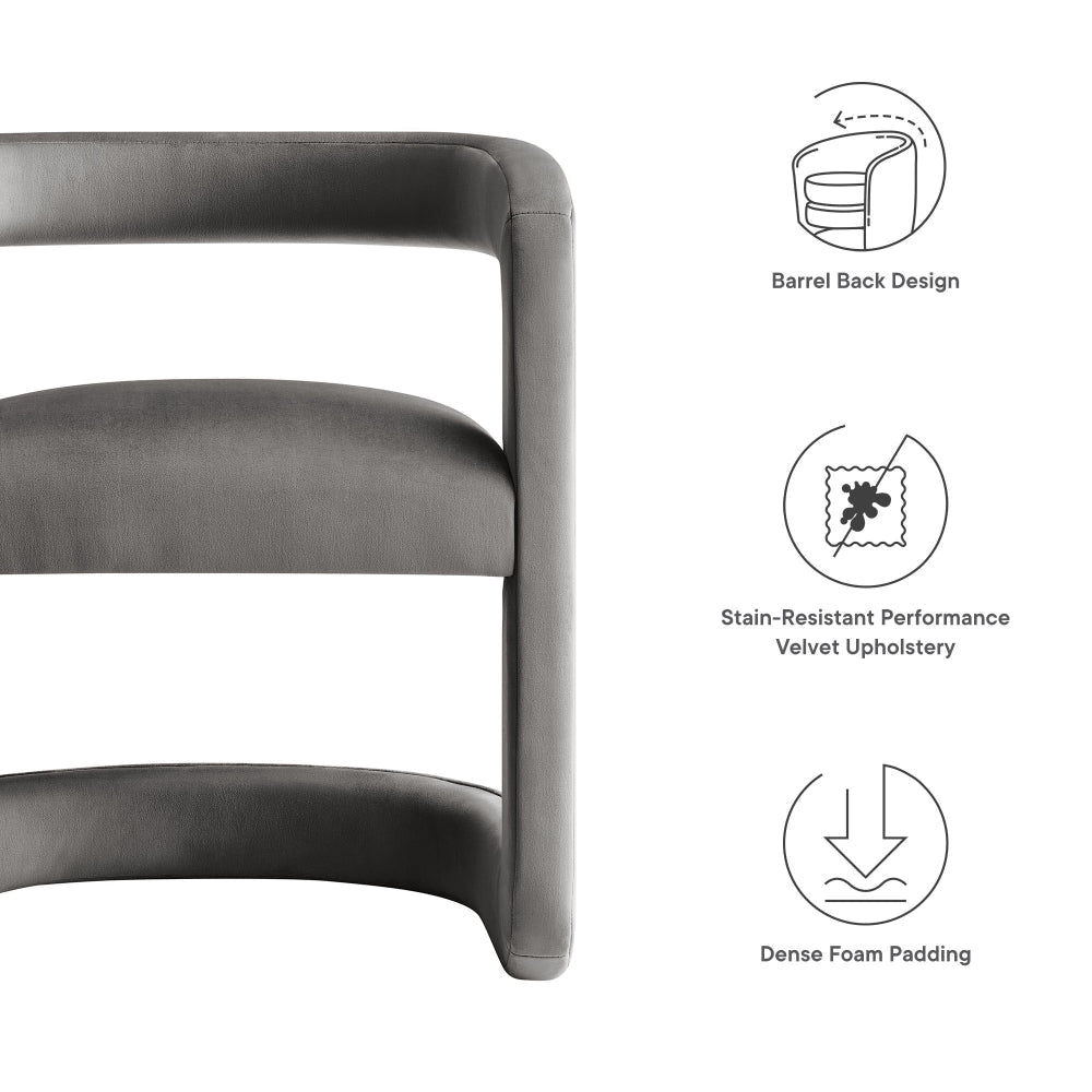 Modway Winslow Stain-Resistant Performance Velvet Dining Chair in Storm Gray - Open Back Barrel Armchair - Upholstered Dining Chair - Cozy
