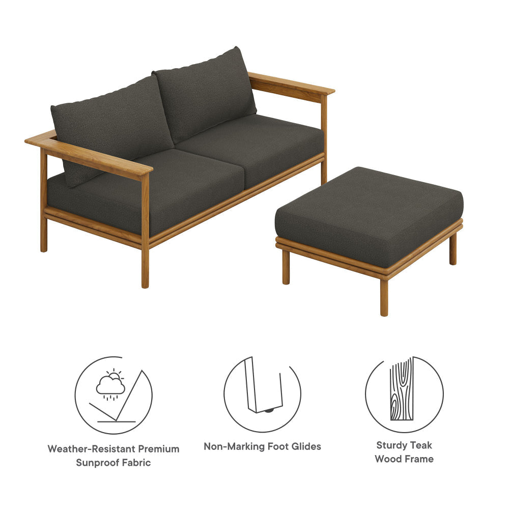 Modway Wren Teak Wood Outdoor Patio Sofa and Ottoman Set in Natural Flint Gray