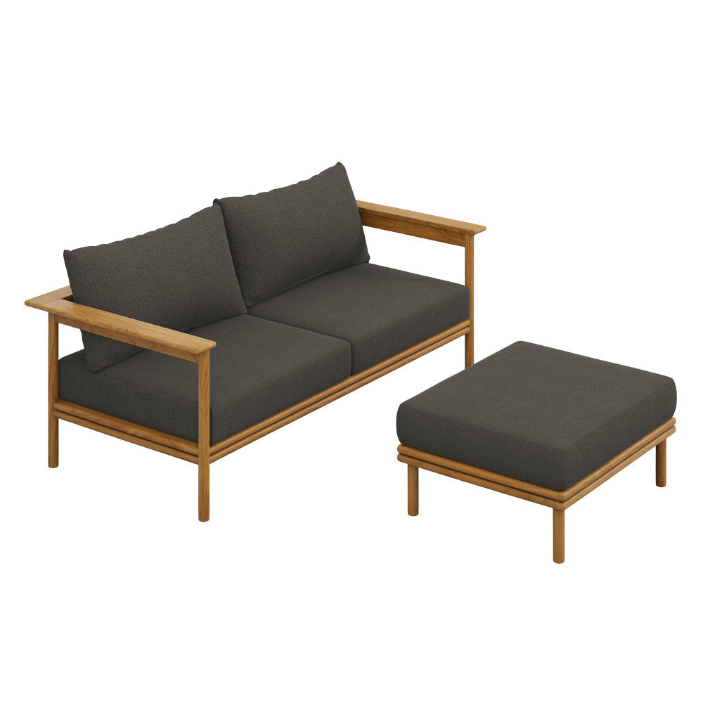 Modway Wren Teak Wood Outdoor Patio Sofa and Ottoman Set in Natural Flint Gray