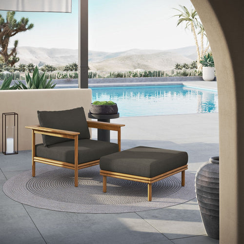 Modway Wren Teak Wood Outdoor Patio Armchair and Ottoman Set in Natural Flint Gray
