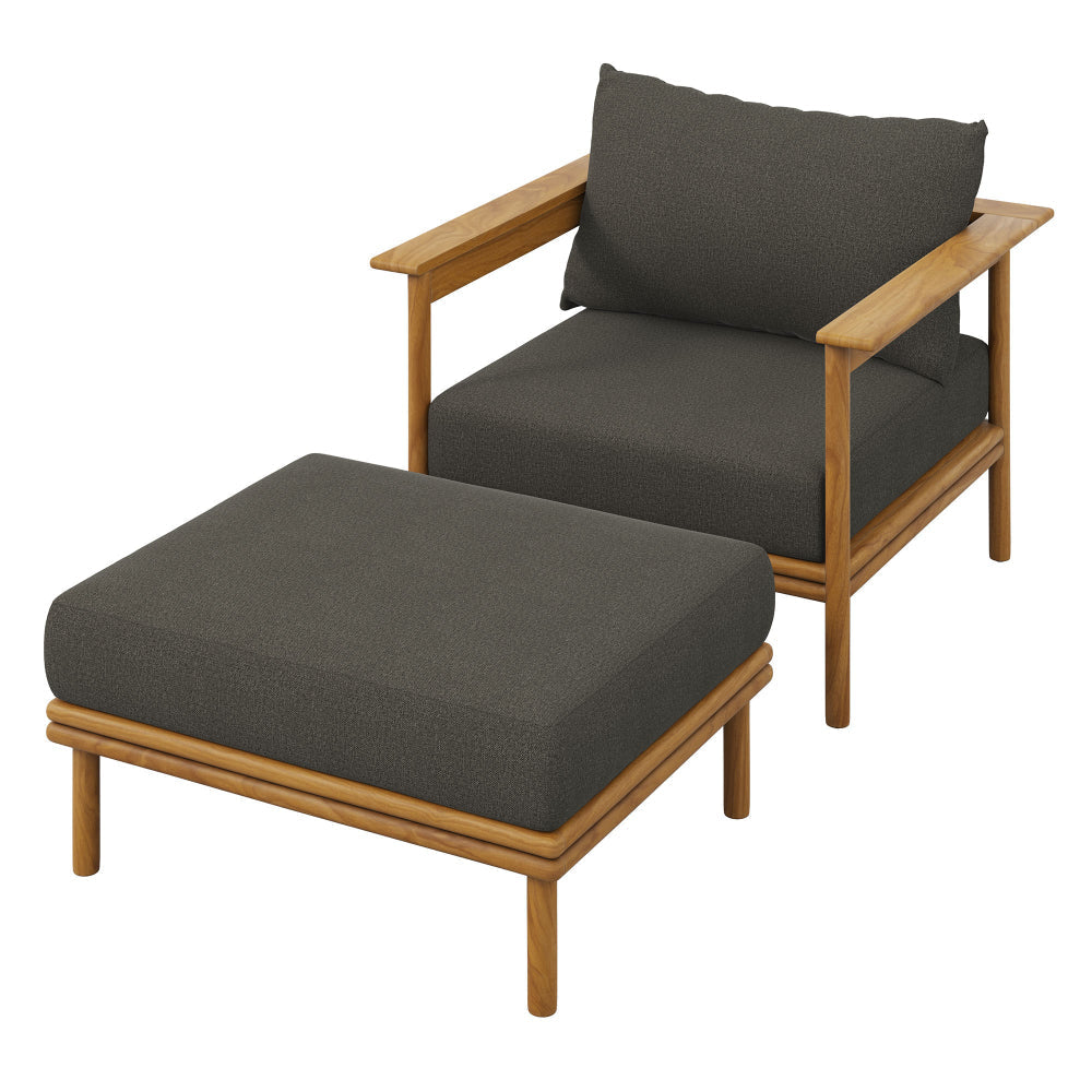 Modway Wren Teak Wood Outdoor Patio Armchair and Ottoman Set in Natural Flint Gray
