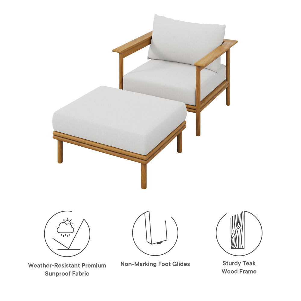 Modway Wren Teak Wood Outdoor Patio Armchair and Ottoman Set in Natural Sail