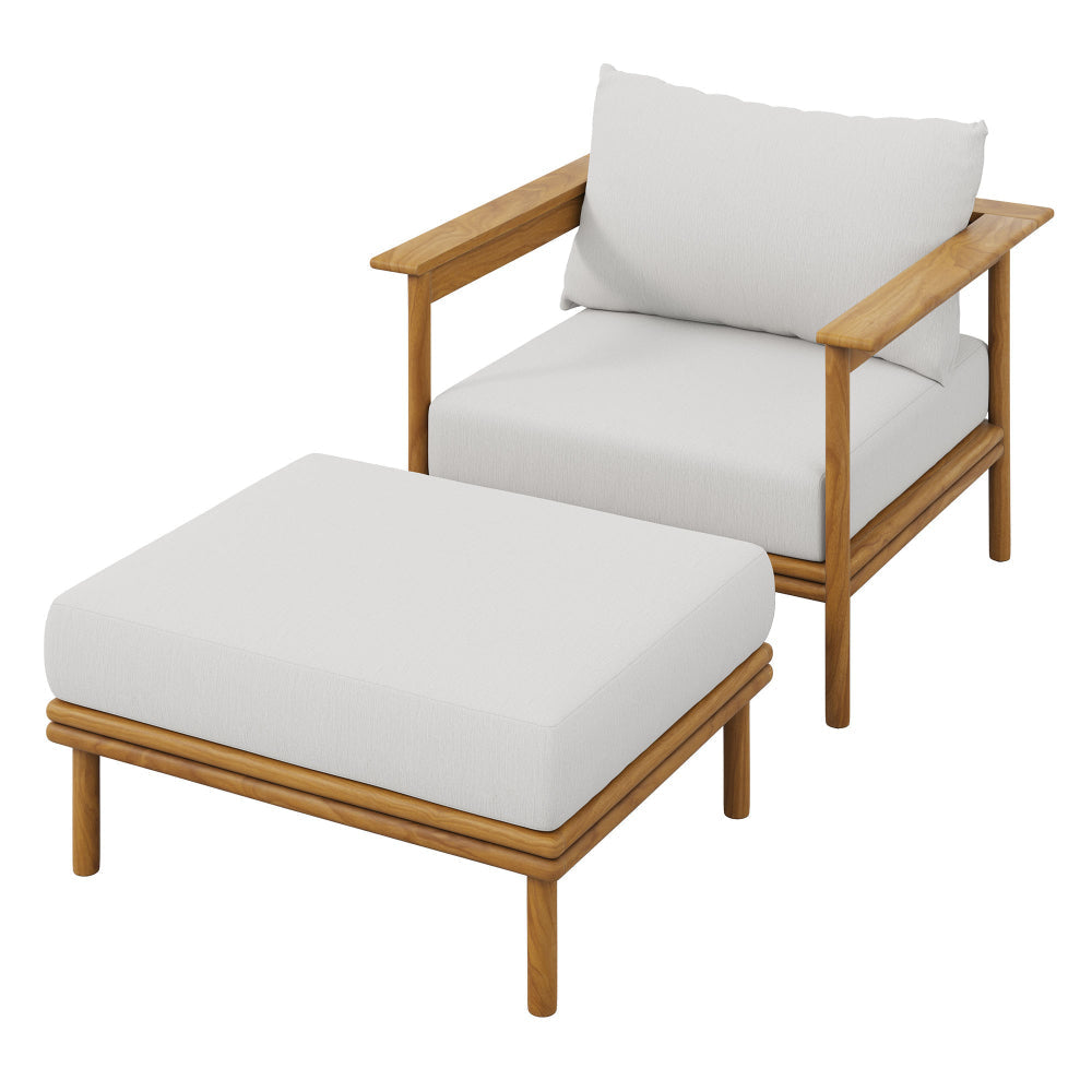 Modway Wren Teak Wood Outdoor Patio Armchair and Ottoman Set in Natural Sail