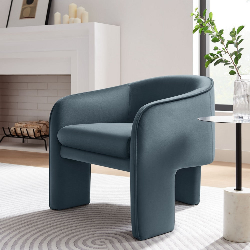 Modway Greer Comfy Barrel Accent Chair with 3 Legs in Cadet Blue Performance Velvet – Soft Upholstered Reading Armchair – Mid Century Modern Upholstered Barrel Dining Chair with Curved Back
