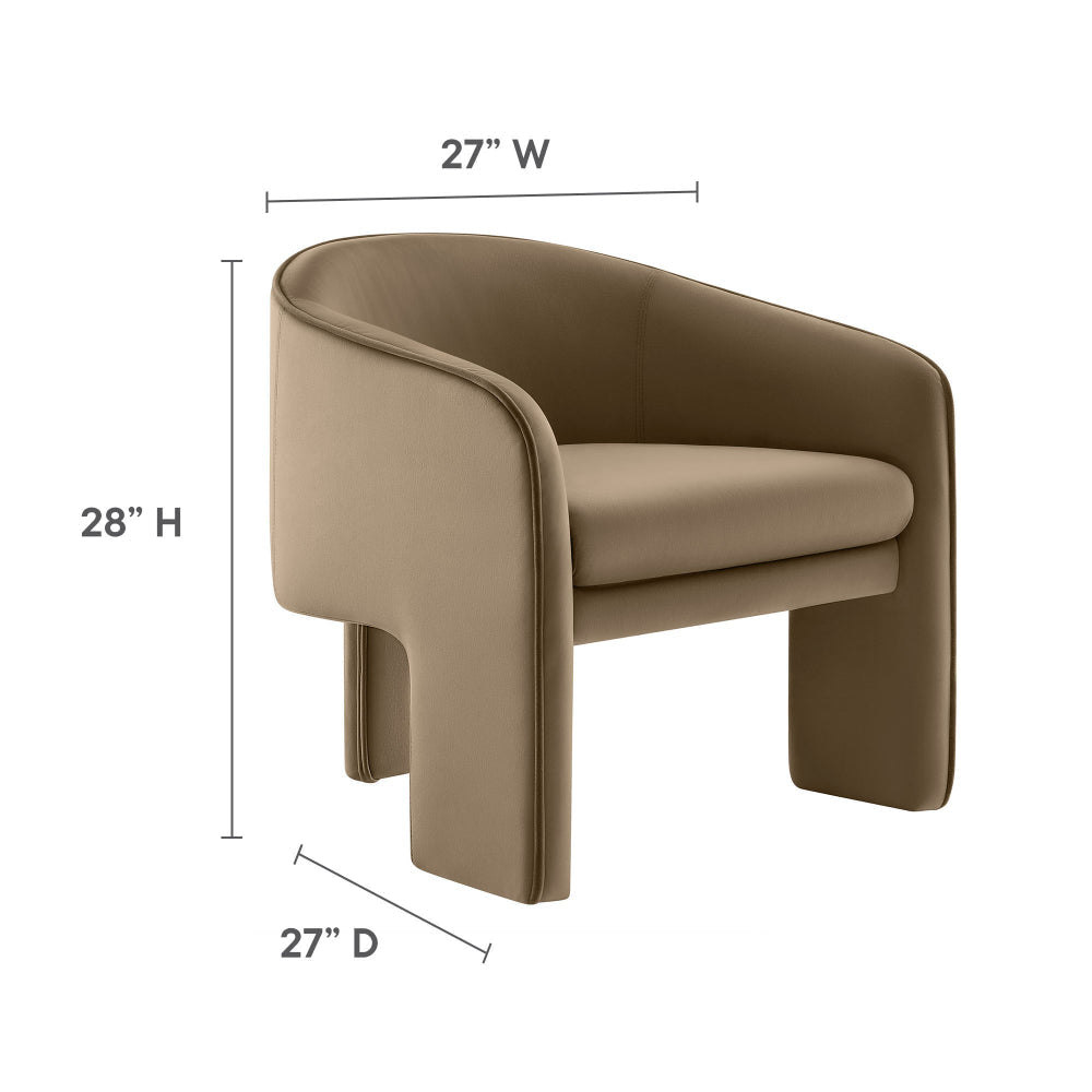 Modway Greer Comfy Barrel Accent Chair with 3 Legs in Taupe Performance Velvet – Soft Upholstered Reading Armchair – Mid Century Modern