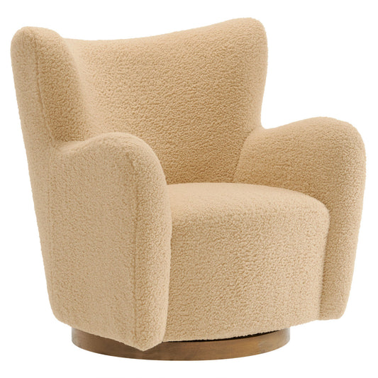 Modway Montrose Swivel Wingback Accent Chair in Ivory Walnut Sherpa Teddy Fabric – Modern Furry Barrel Chair with 360-Degree Swivel Base – Soft and Comfy Living Room Chair