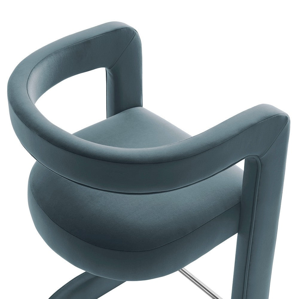 Modway Winslow Performance Velvet Counter Stool with Stainless Steel Footrest in Cadet Blue