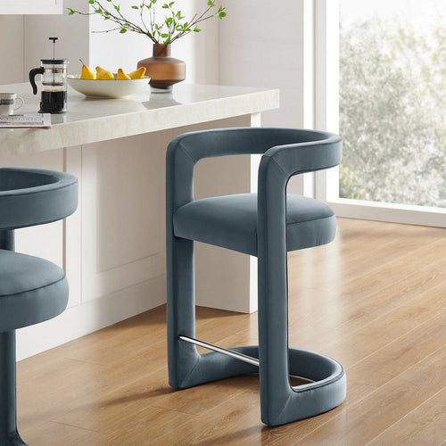 Modway Winslow Performance Velvet Counter Stool with Stainless Steel Footrest in Cadet Blue