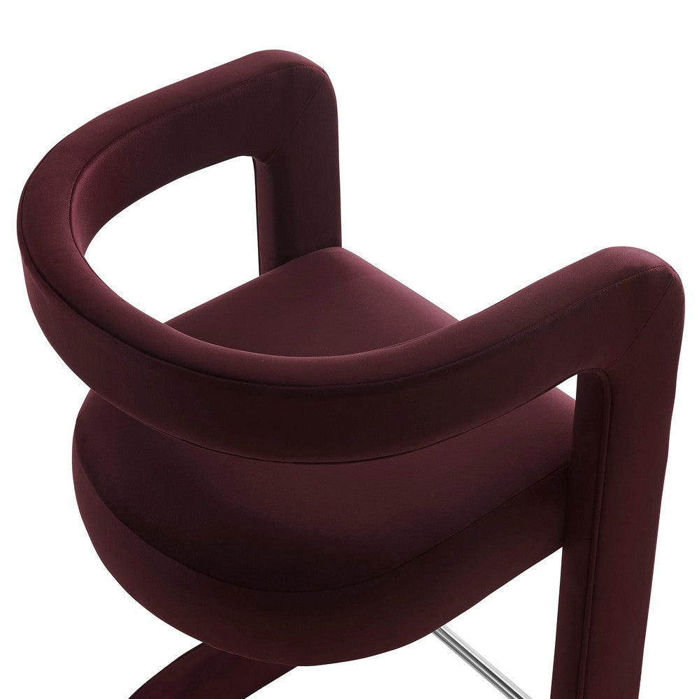 Modway Winslow Performance Velvet Counter Stool with Stainless Steel Footrest in Mulberry