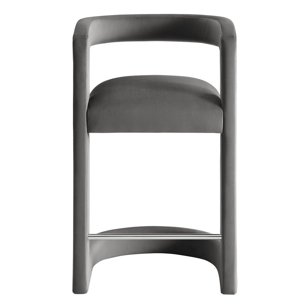 Modway Winslow Performance Velvet Counter Stool with Stainless Steel Footrest in Storm Gray
