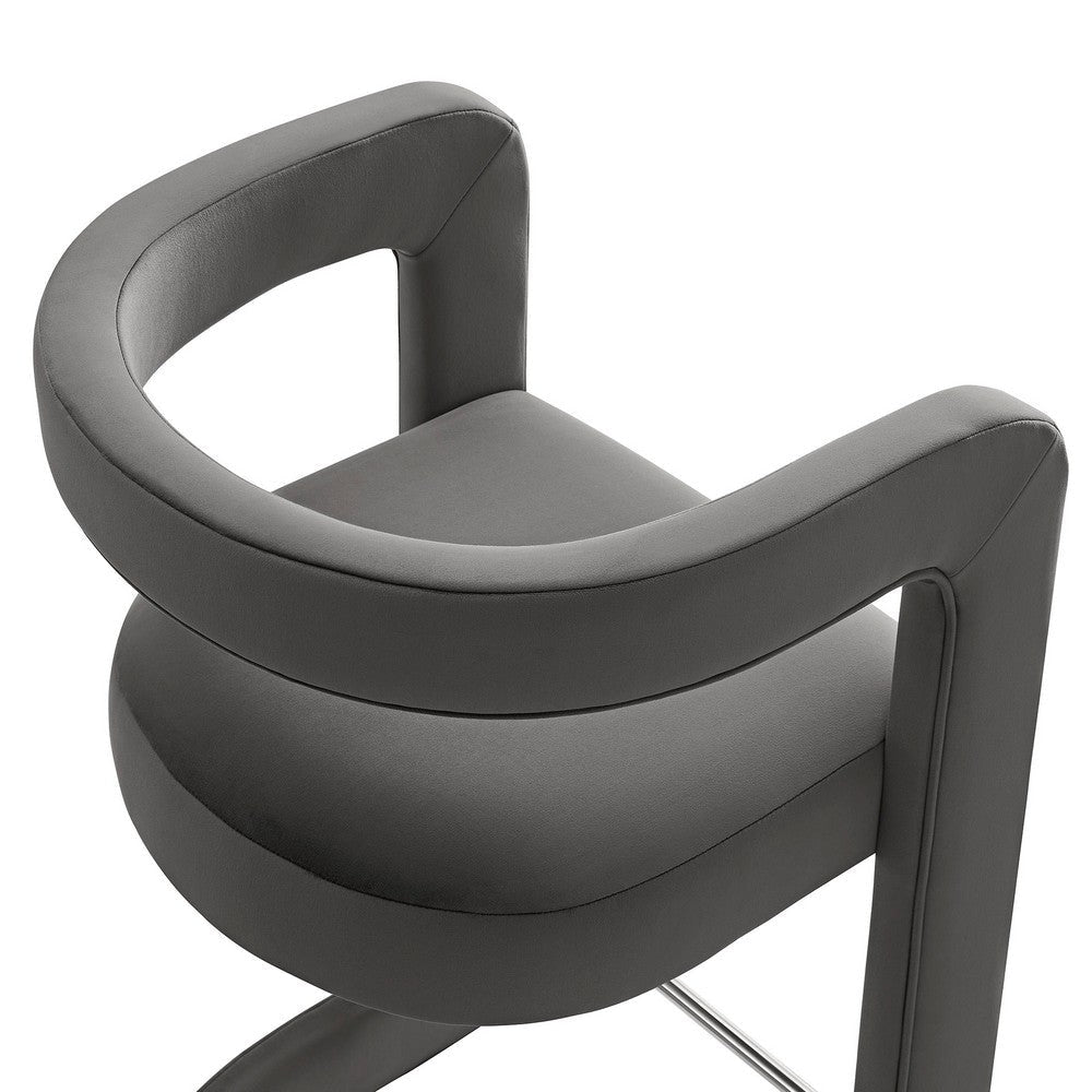 Modway Winslow Performance Velvet Counter Stool with Stainless Steel Footrest in Storm Gray