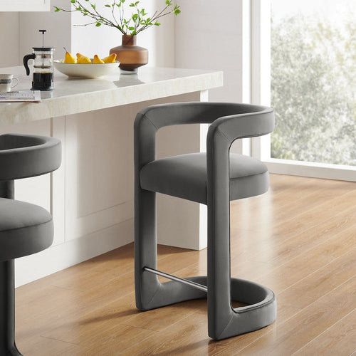Modway Winslow Performance Velvet Counter Stool with Stainless Steel Footrest in Storm Gray