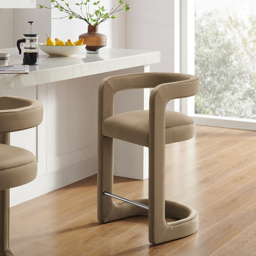 Modway Winslow Performance Velvet Counter Stool with Stainless Steel Footrest in Taupe