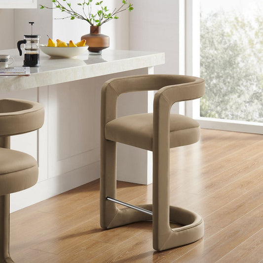 Modway Winslow Performance Velvet Counter Stool with Stainless Steel Footrest in Taupe