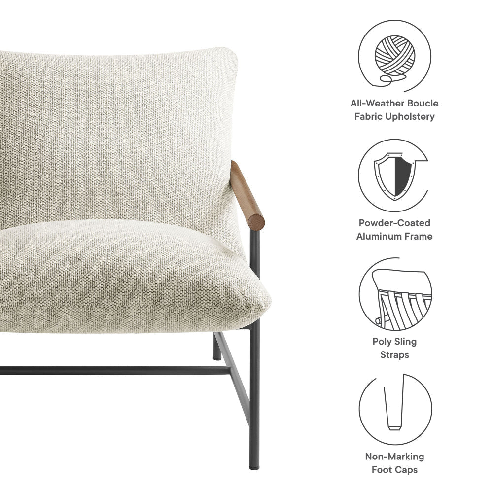 Modway Raya Outdoor Patio Boucle Sling Chair in Ivory - Comfy Sling Accent Chair - Metal Frame Lounge Chair with Removable Boucle Cushion