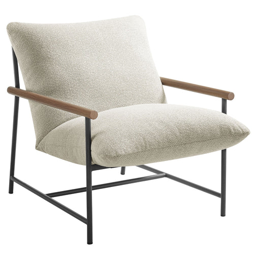 Modway Raya Outdoor Patio Boucle Sling Chair in Ivory - Comfy Sling Accent Chair - Metal Frame Lounge Chair with Removable Boucle Cushion and Faux Wood Arms for Porch, Deck, Backyard