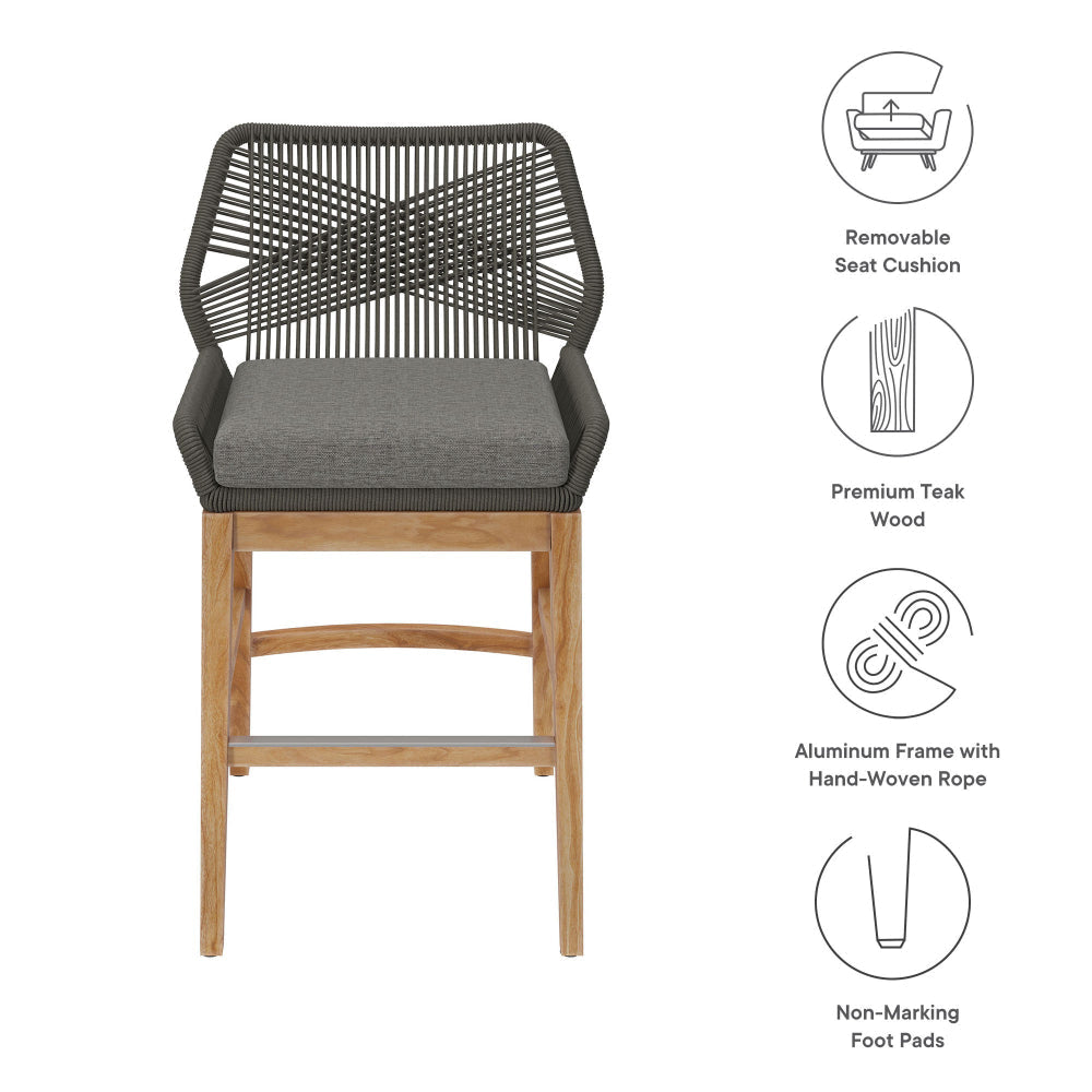 Modway Wellspring Outdoor Patio Teak Wood Counter Stool in Gray Graphite - 24 Inch Patio Counter Height Stool with Cushion Woven Seat