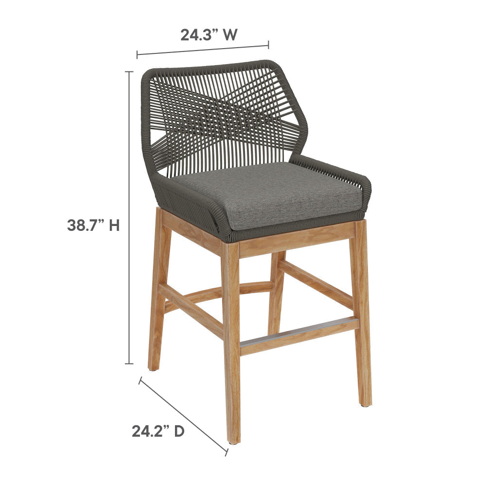 Modway Wellspring Outdoor Patio Teak Wood Counter Stool in Gray Graphite - 24 Inch Patio Counter Height Stool with Cushion Woven Seat