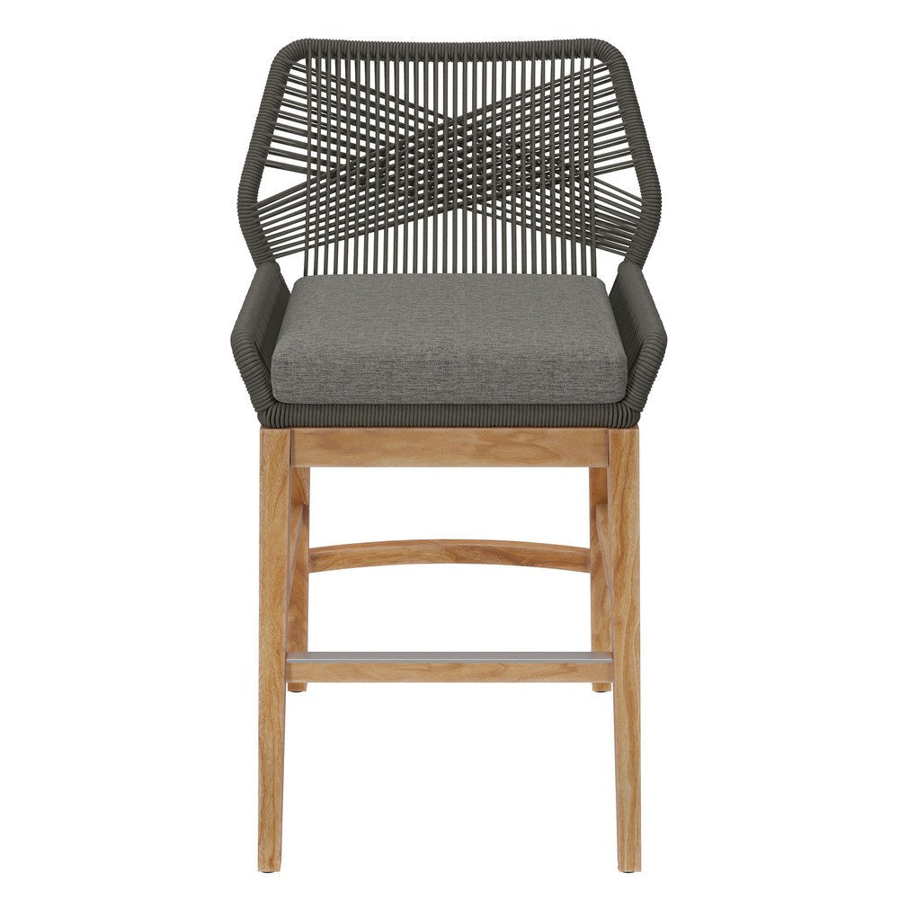 Modway Wellspring Outdoor Patio Teak Wood Counter Stool in Gray Graphite - 24 Inch Patio Counter Height Stool with Cushion Woven Seat