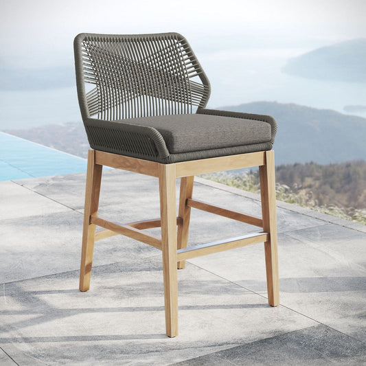 Modway Wellspring Outdoor Patio Teak Wood Counter Stool in Gray Graphite - 24 Inch Patio Counter Height Stool with Cushion, Woven Seat and Teak Wood Legs