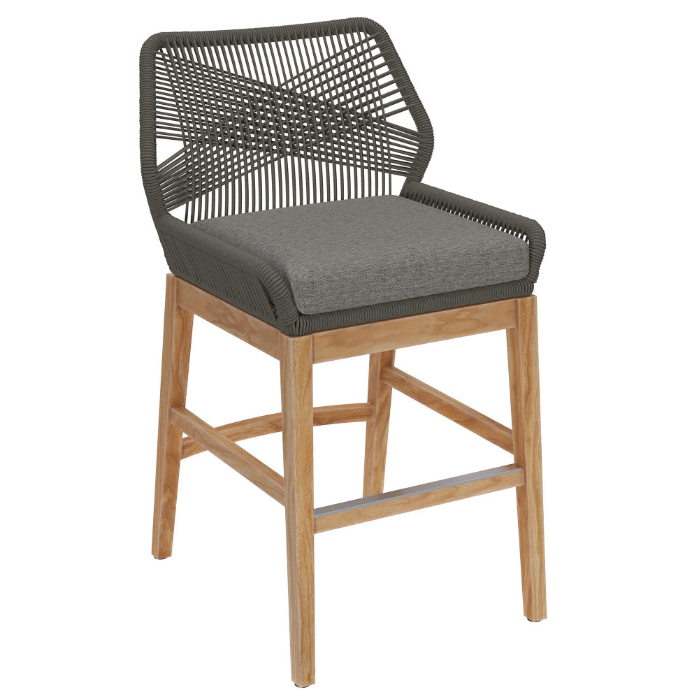 Modway Wellspring Outdoor Patio Teak Wood Counter Stool in Gray Graphite - 24 Inch Patio Counter Height Stool with Cushion, Woven Seat and Teak Wood Legs