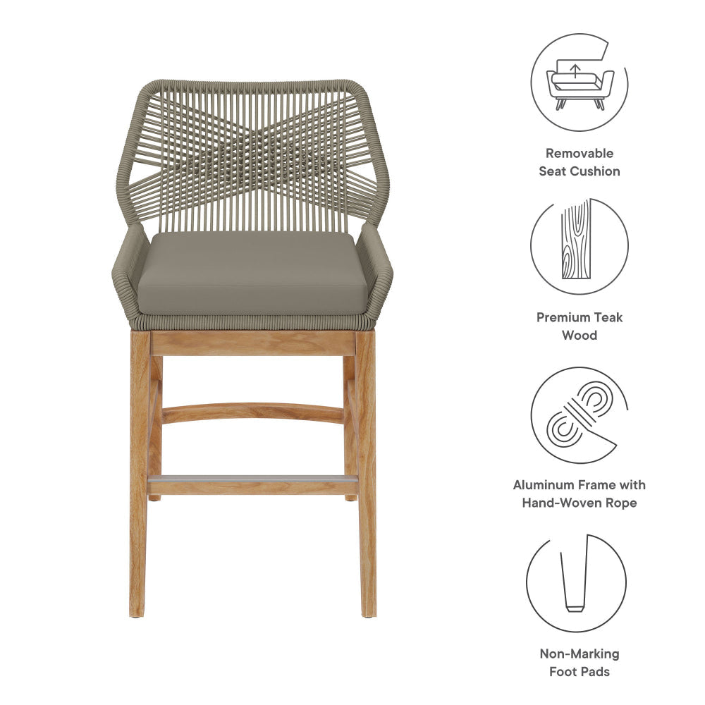 Modway Wellspring Outdoor Patio Teak Wood Counter Stool in Light Gray Greige - 24 Inch Patio Counter Height Stool with Cushion Woven Seat