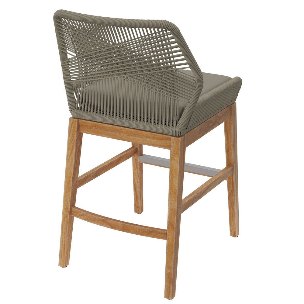 Modway Wellspring Outdoor Patio Teak Wood Counter Stool in Light Gray Greige - 24 Inch Patio Counter Height Stool with Cushion Woven Seat