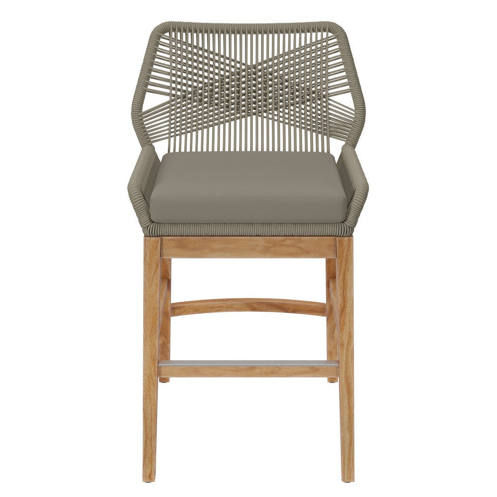 Modway Wellspring Outdoor Patio Teak Wood Counter Stool in Light Gray Greige - 24 Inch Patio Counter Height Stool with Cushion Woven Seat