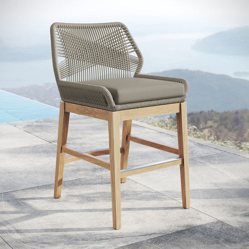 Modway Wellspring Outdoor Patio Teak Wood Counter Stool in Light Gray Greige - 24 Inch Patio Counter Height Stool with Cushion, Woven Seat and Teak Wood Legs