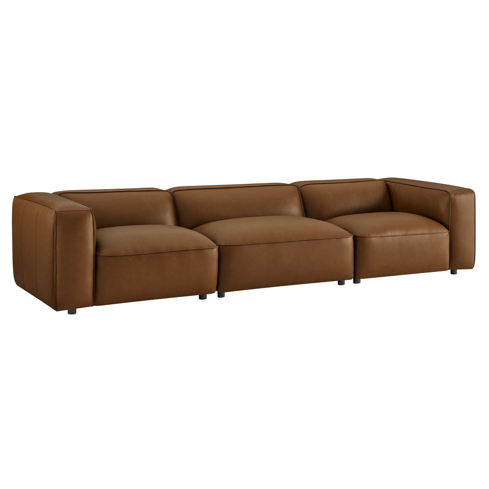 Modway Auren Vegan Leather 3 Piece Modular Sofa in Coffee - Faux Leather 3 Seater Couch - Comfy Mid Century Modern PU Leather Sofa for Living Room, Apartment, Loft