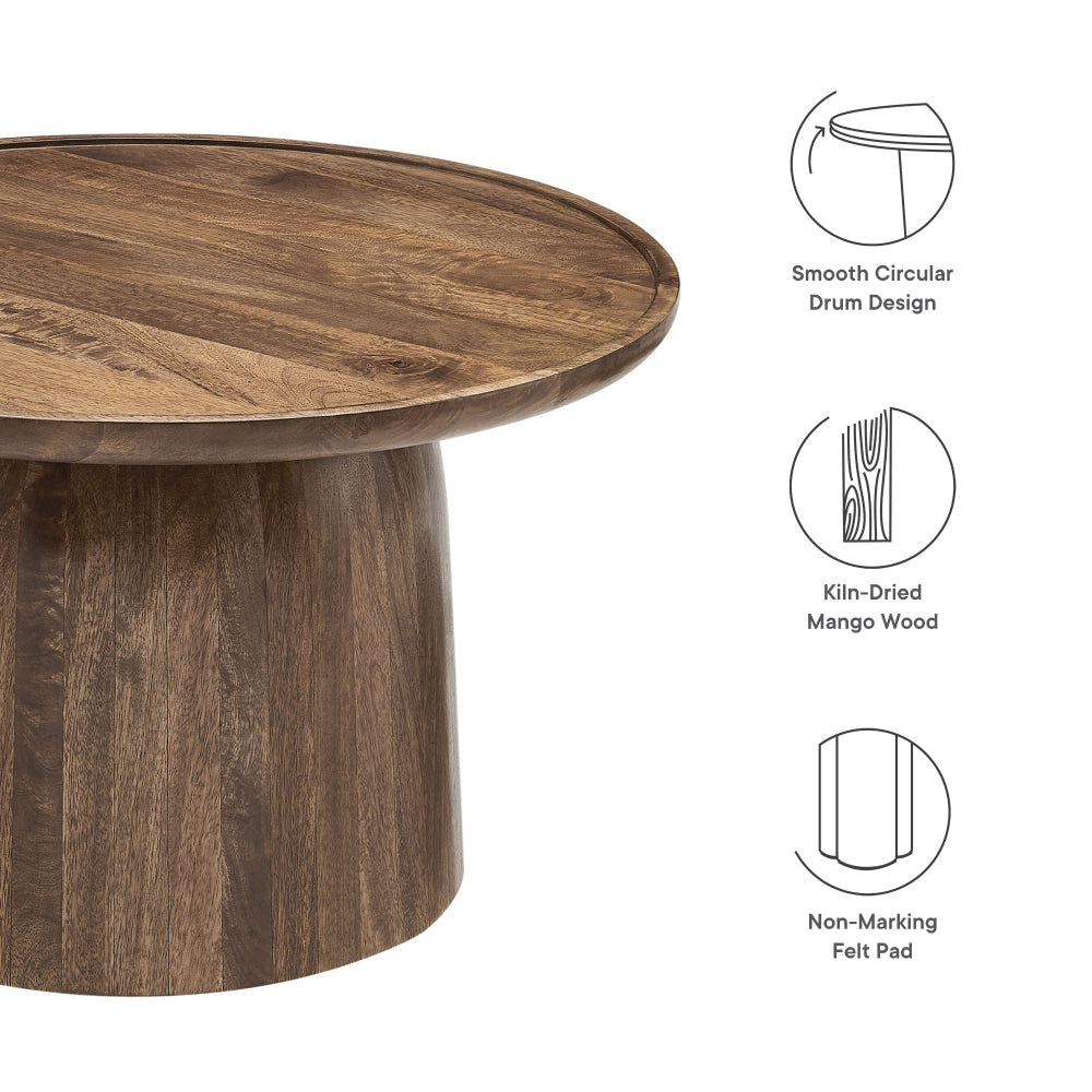 Modway Holloway 30 Inch Round Mango Wood Coffee Table in Walnut – Contemporary Circle Drum for Living Room – Mid-Century Modern Table