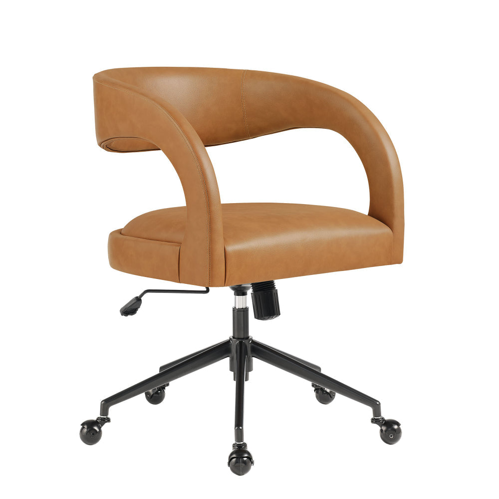 Modway Pinnacle Faux Leather Home Office Desk Chair in Tan – Upholstered Height Adjustable Barrel Desk Armchair with Rolling Wheels – PU Task Chair for Dorm Room, Vanity, or Bedroom
