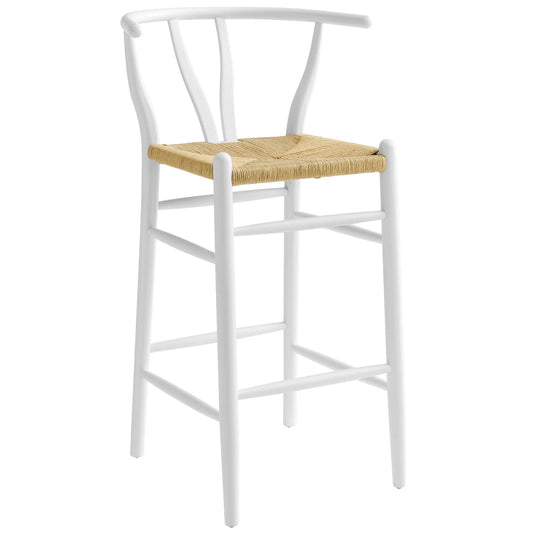 Modway Amish Wood Rope Bar Height Stool in White - 29 Inch Seat Height Mid Century Modern Retro Stool - Solid Elm Wood Pub Stool with Woven Seat and Open Back