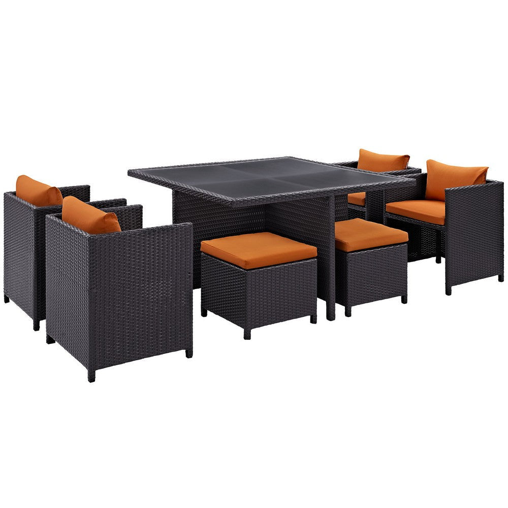 Modway Inverse Wicker Rattan 9-Piece Outdoor Patio Dining Furniture Set in Espresso Orange