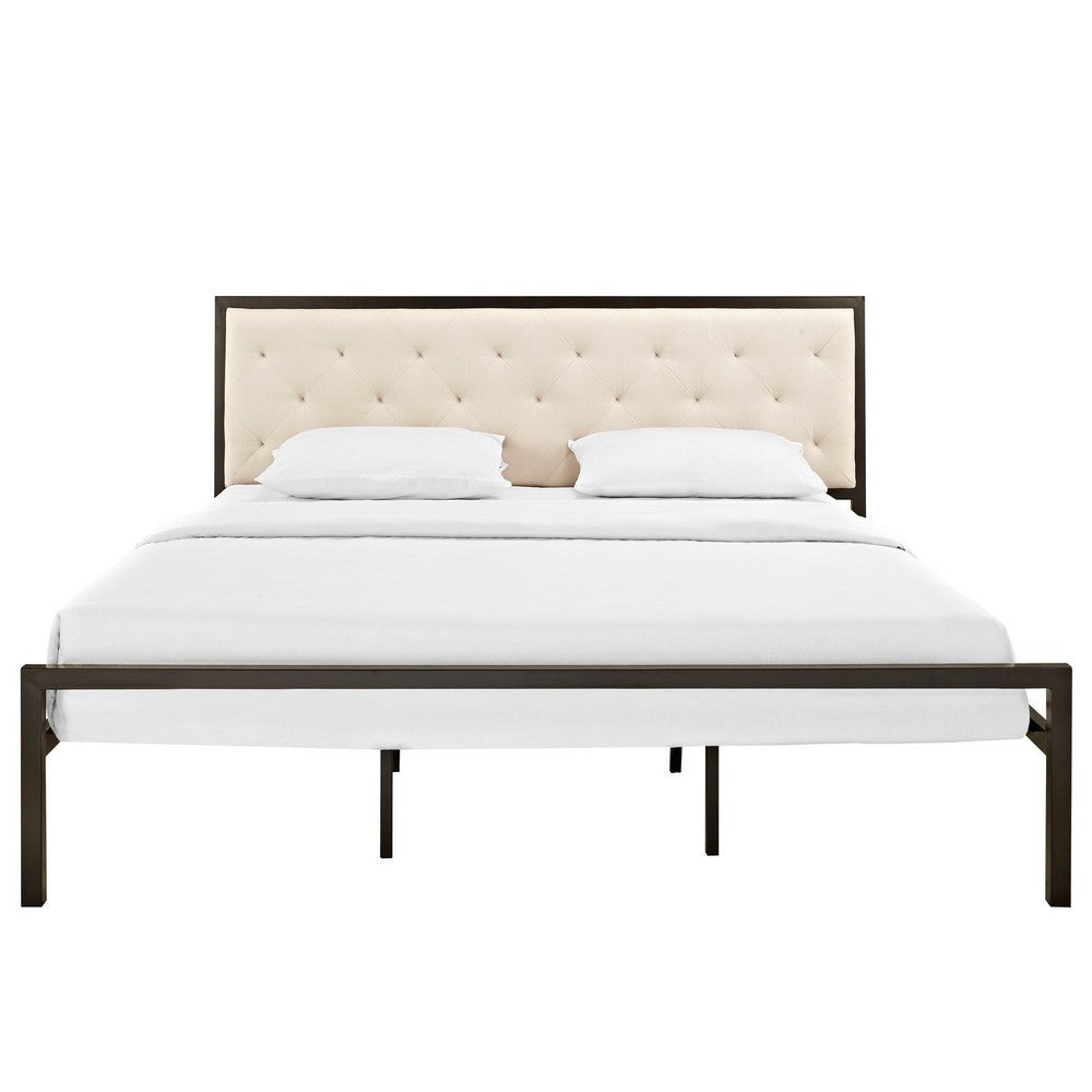 Modway Mia Upholstered Brown Beige Tufted Platform Bed With Metal Slat Support in King MDY-MOD-5184-BRN-BEI-SET