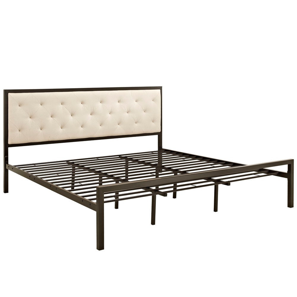 Modway Mia Upholstered Brown Beige Tufted Platform Bed With Metal Slat Support in King MDY-MOD-5184-BRN-BEI-SET