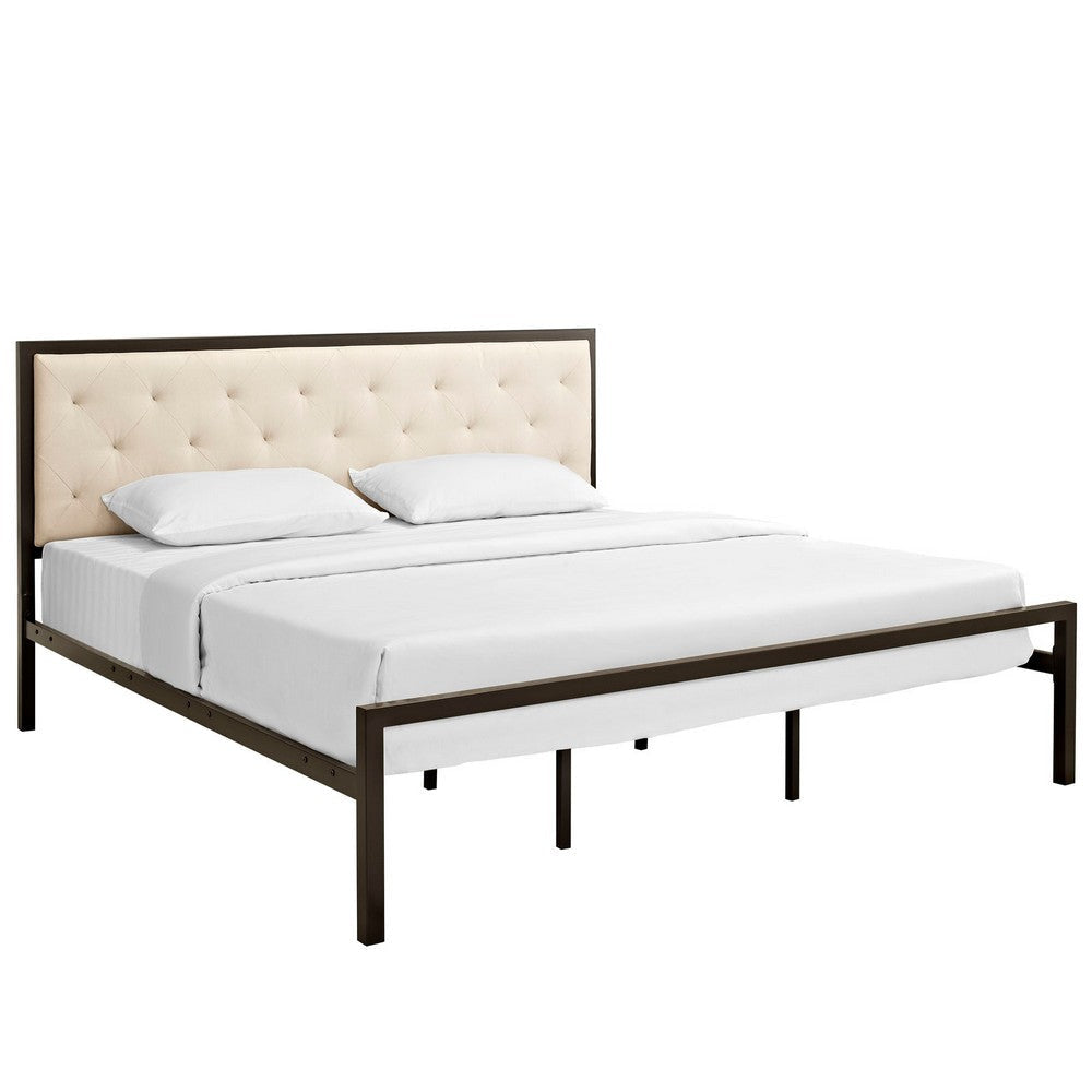 Modway Mia Upholstered Brown Beige Tufted Platform Bed With Metal Slat Support in King