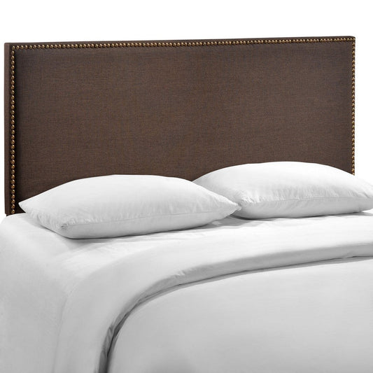 Modway Region Linen Fabric Upholstered Queen Headboard in Dark Brown with Nailhead Trim