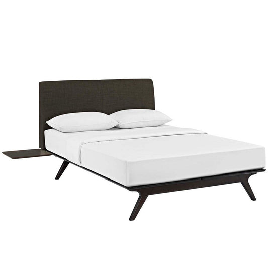 Modway Tracy Mid-Century Modern Wood Platform Queen Bed with Two Nightstands in Cappuccino Brown