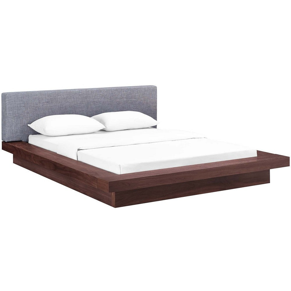 Modway Freja Upholstered Queen Platform Bed with Wood Slat Support in Walnut Gray