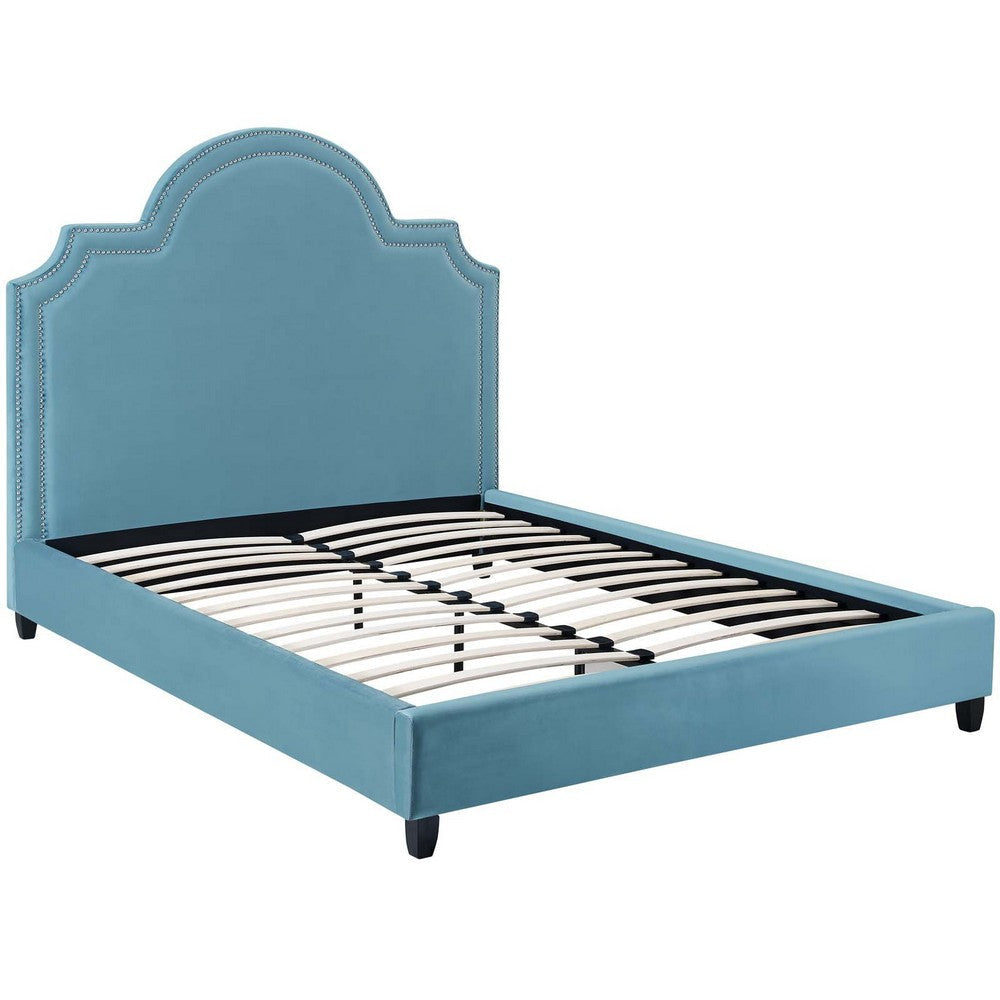 Modway Primrose Performance Velvet Queen Platform Bed With Nailhead Trim in Sea Blue MDY-MOD-5812-SEA