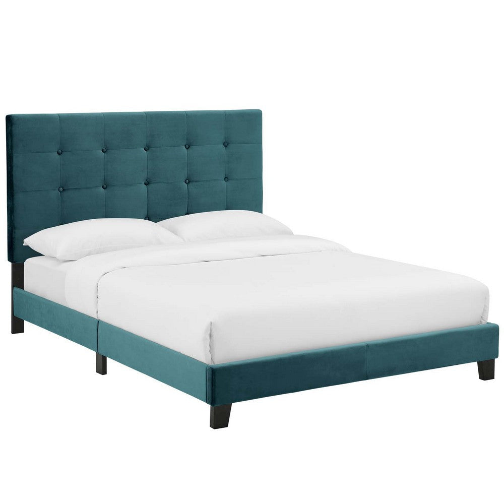 Modway Melanie Performance Velvet Upholstered Tufted Full Platform Bed in Sea Blue