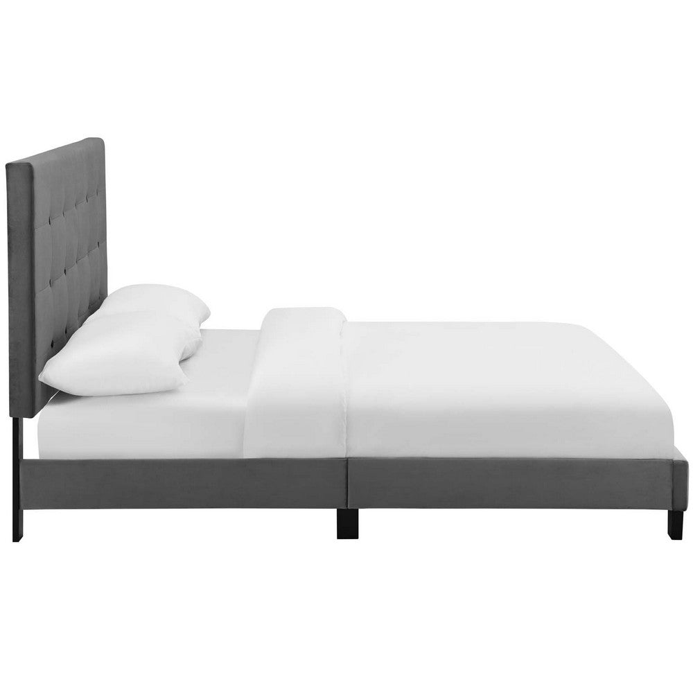 Melanie Tufted Button Upholstered Performance Velvet Queen Platform Bed by Modway| Gray