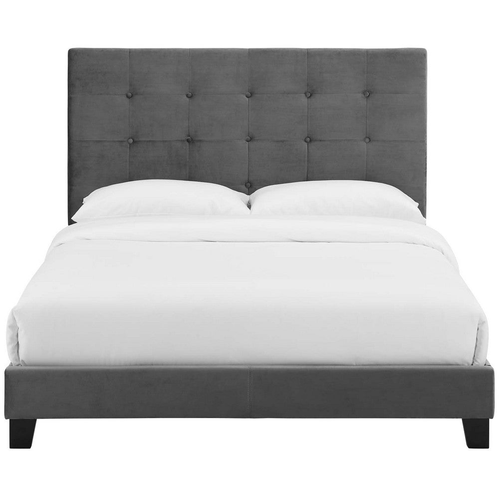 Melanie Tufted Button Upholstered Performance Velvet Queen Platform Bed by Modway| Gray