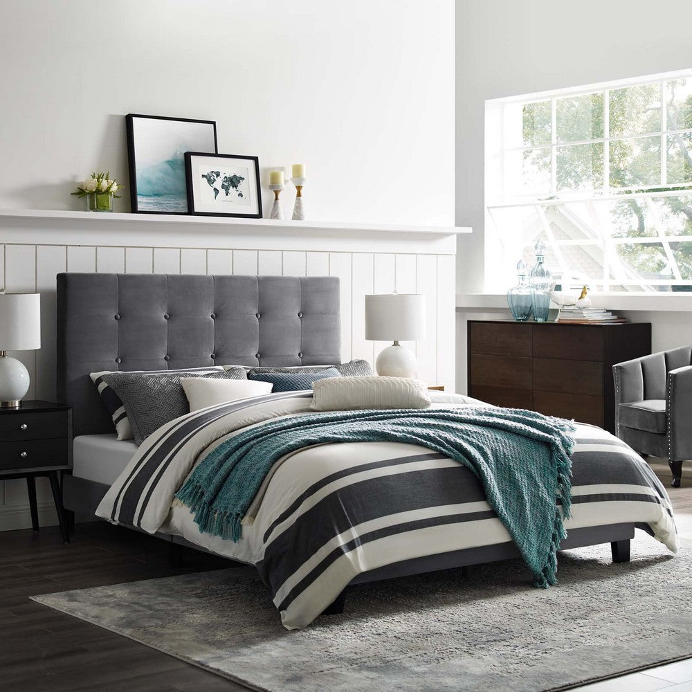Melanie Tufted Button Upholstered Performance Velvet Queen Platform Bed by Modway| Gray