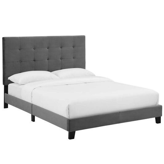 Melanie Tufted Button Upholstered Performance Velvet Queen Platform Bed by Modway| Gray