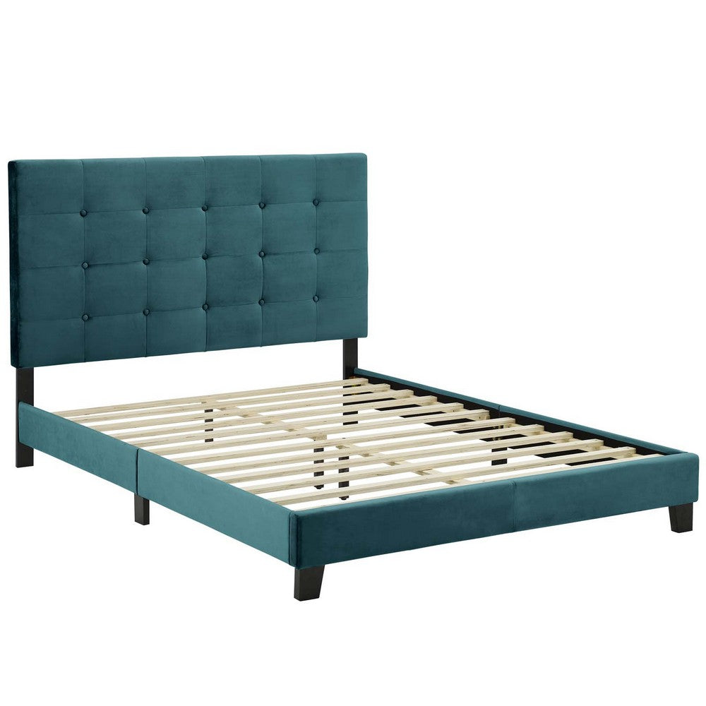 Melanie Tufted Button Upholstered Performance Velvet Queen Platform Bed by Modway| Blue