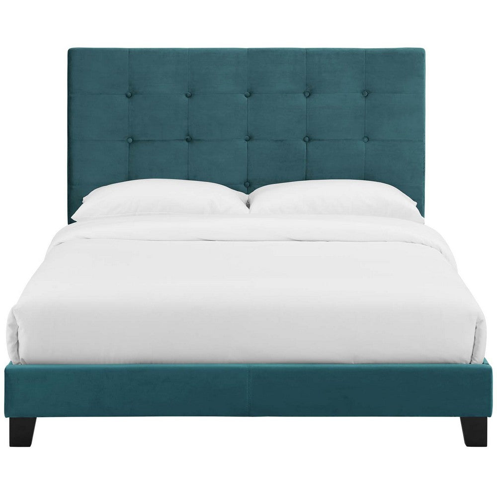 Melanie Tufted Button Upholstered Performance Velvet Queen Platform Bed by Modway| Blue