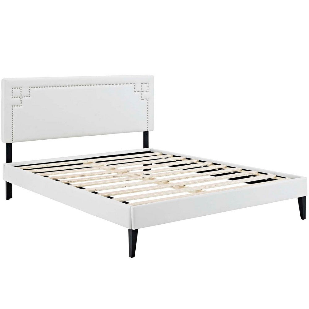 Modway Ruthie Faux Leather Upholstered Queen Platform Bed Frame in White With Tapered Legs MDY-MOD-5938-WHI